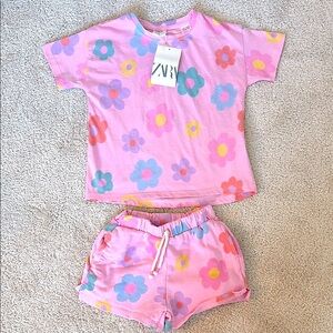 NWT Zara Kids Baby Toddler Pink Floral Flower Print Matching Set 3T - 4T